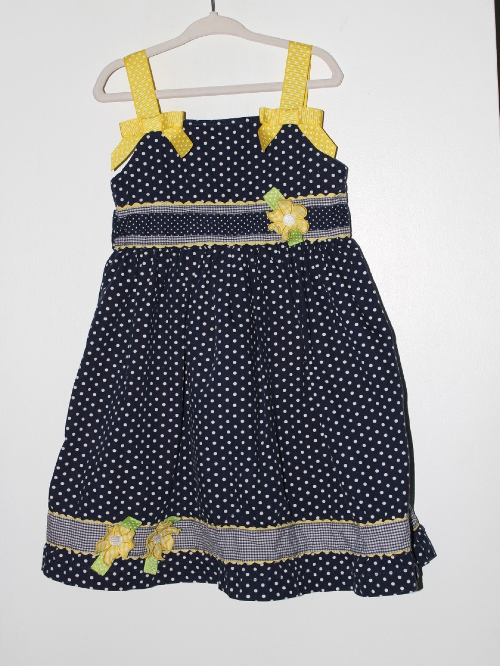 Vintage Girls Blueberi Boulevard Navy Polka Dot Sundress with Yellow Trim